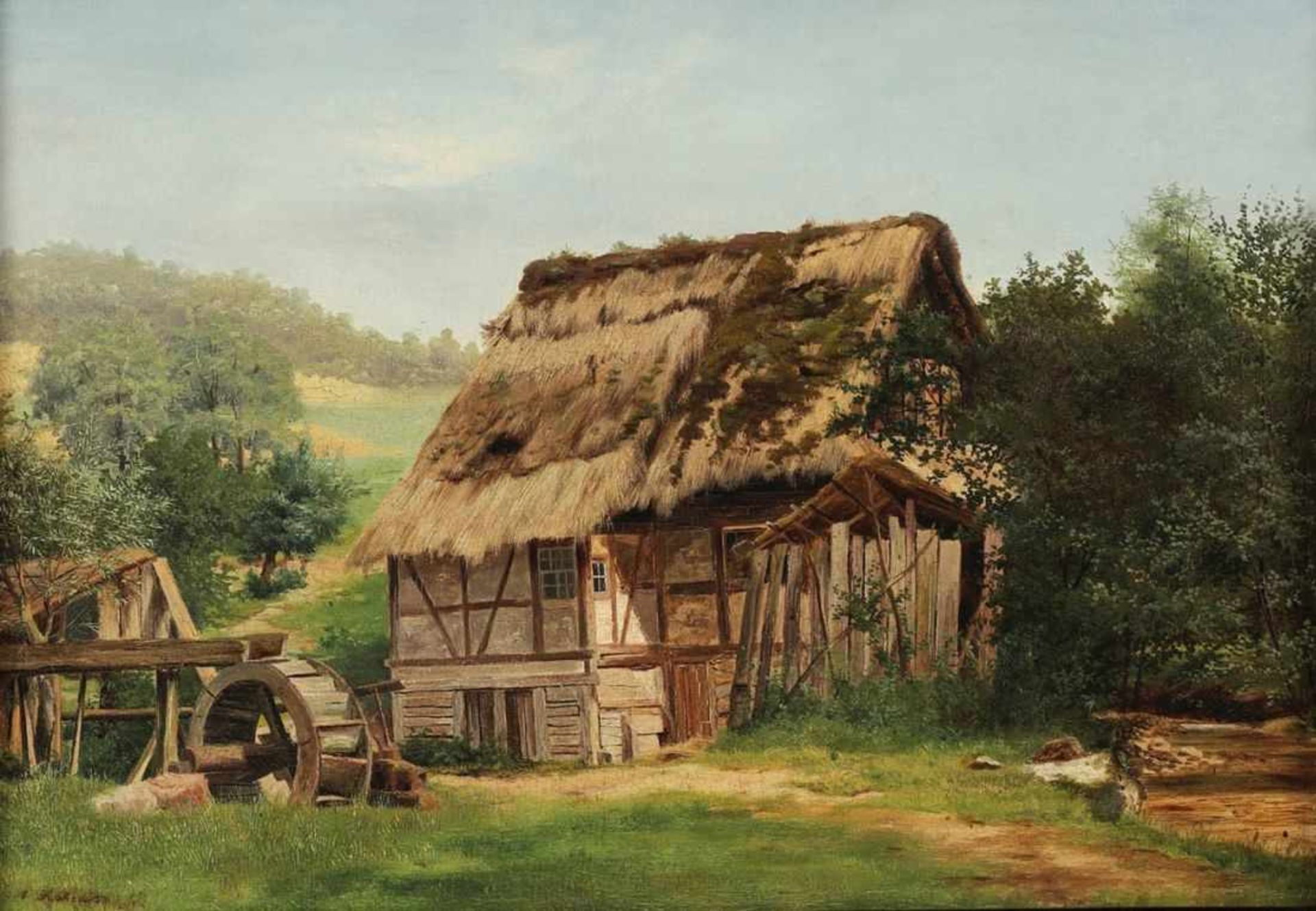 Edmund Koken 1814 Hannover - 1872 Hannover attr. - Wassermühle - Öl/Lwd. auf Karton. 36 x 51,5 cm.