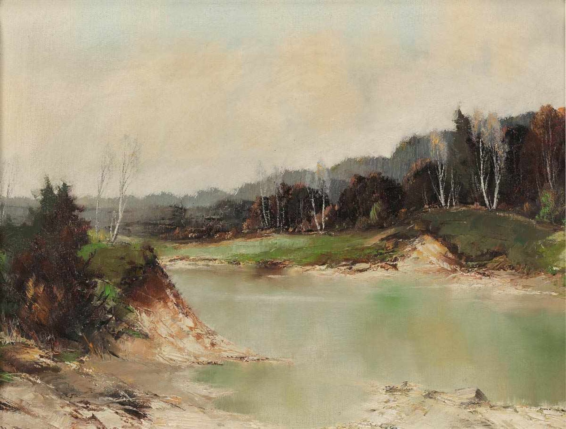 Künstler des 20. Jahrhunderts - Landschaft am Seeufer - Öl/Lwd. 31 x 40 cm. Undeutl. sign l. u.: M