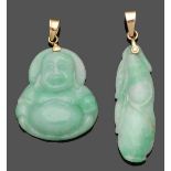 Jadeitanhänger "Buddha" und Jadeitanhänger "Erbsenschote" Two jadeite-pendants 585er GG und 750er