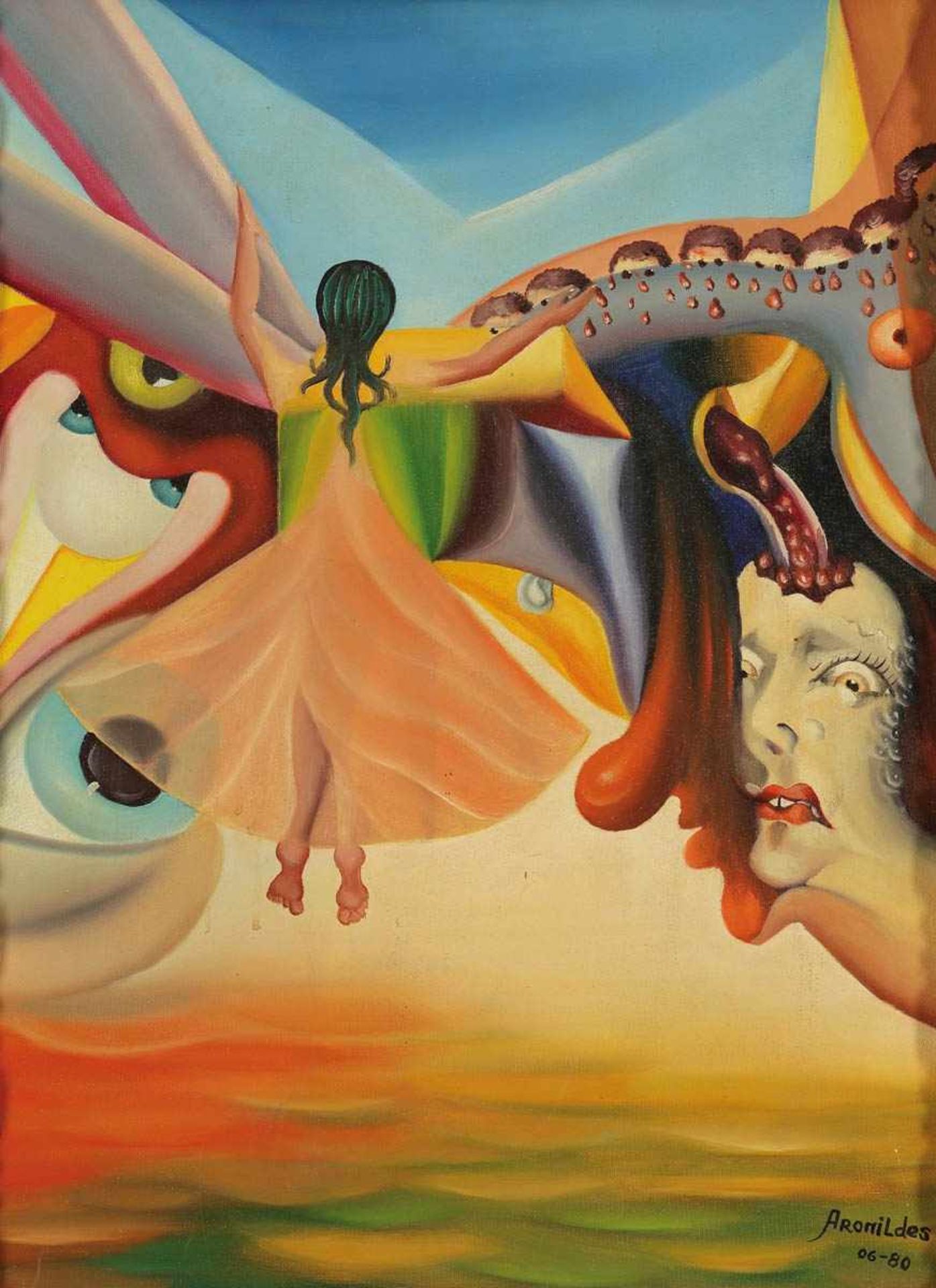 Aronildes Künstler des 20. Jahrhunderts - Surrealistische Szene - Öl/Lwd. 60,7 x 46 cm. Sign. und