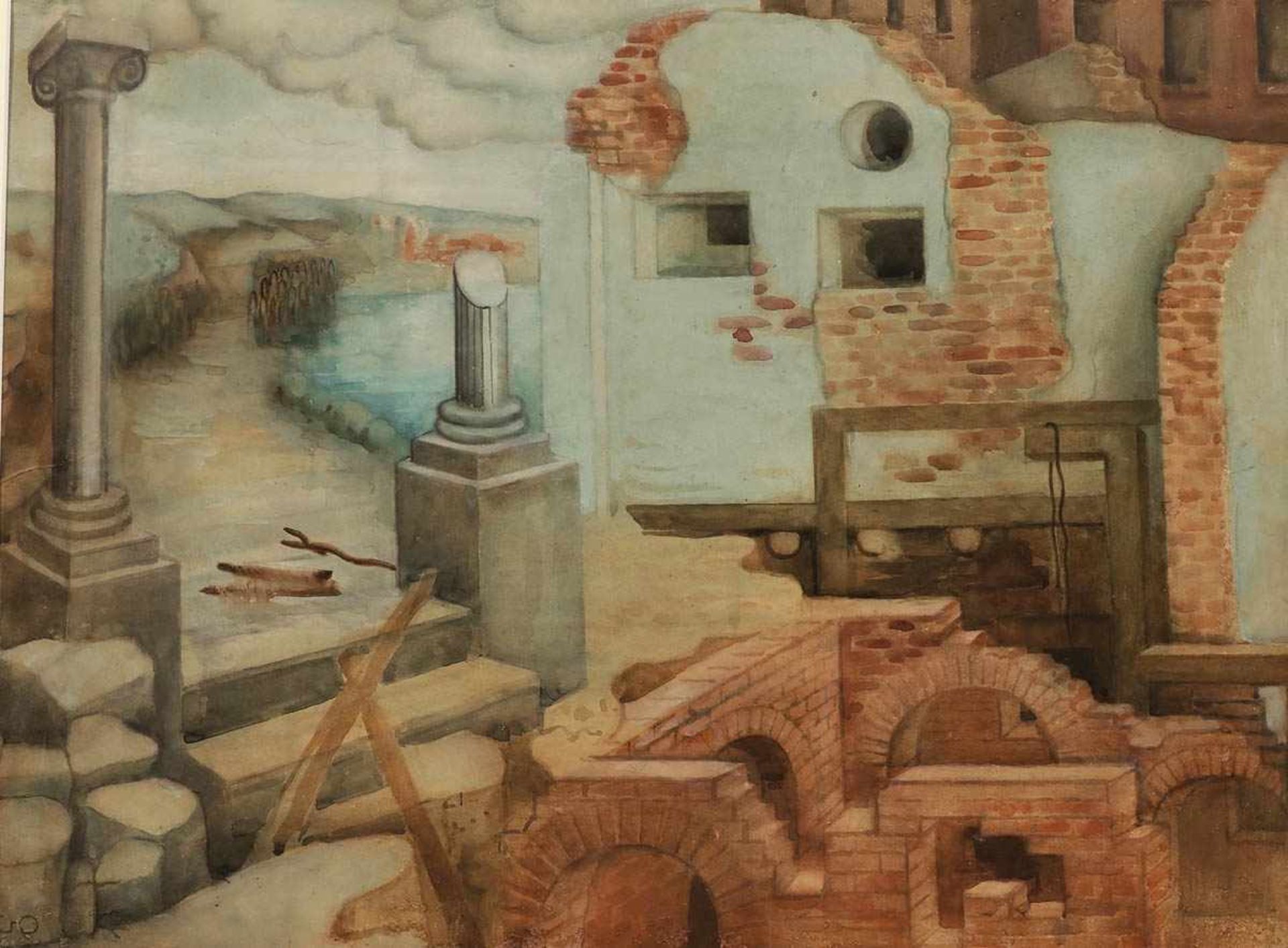 Overbeck, Gerta 1898 Dortmund - 1977 Lünen - Hausruine - Gouache/Pappe. 51 x 68 cm. Monogr. l. u.: