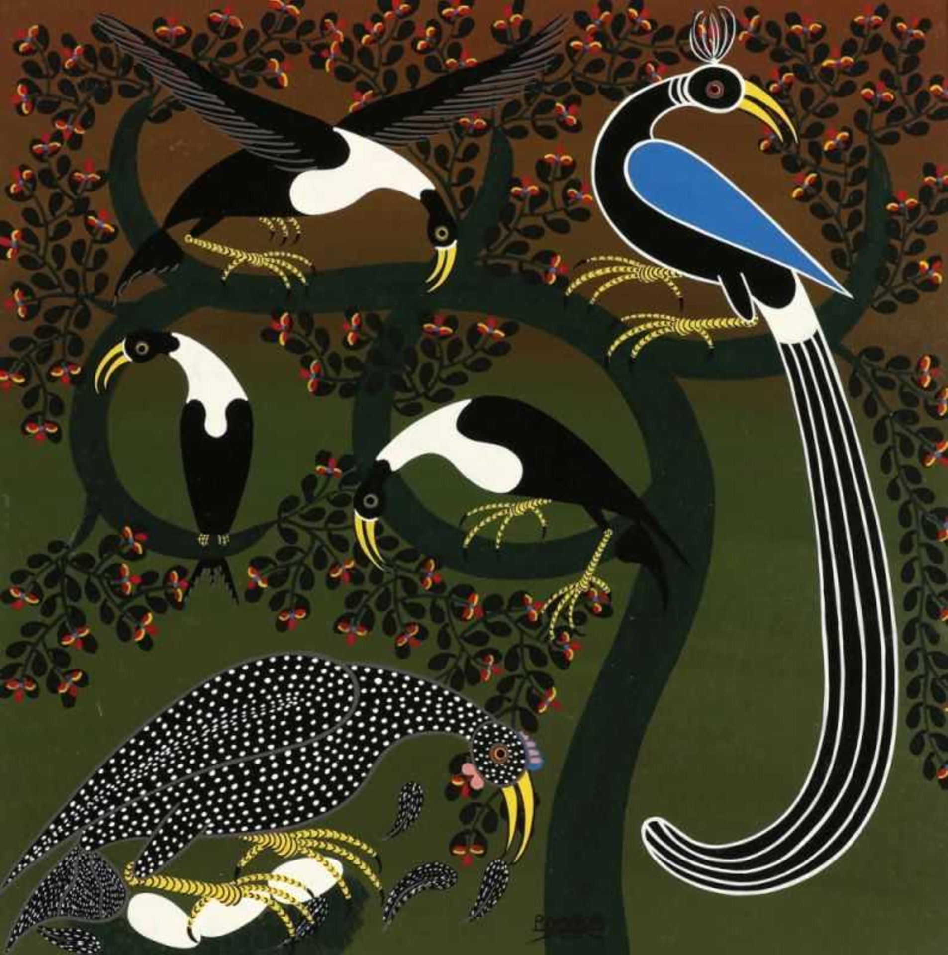 Rajabu Chiwaya 1951 - 2004 - Exotische Vögel - Email/Hartfaser. 59 x 59 cm. Sign. M. u.: R