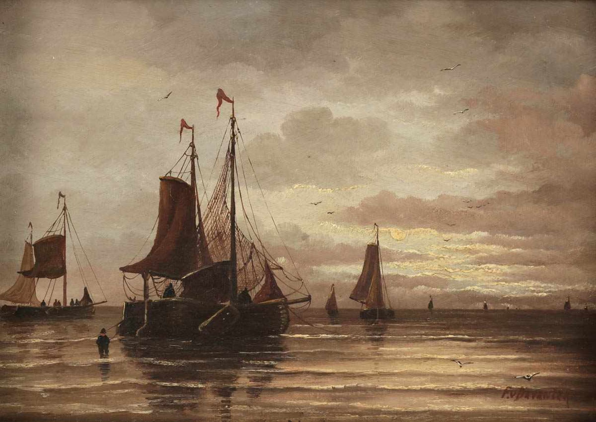 Künstler des 19. Jahrhunderts - Segelboote in der Brandung - Öl/Holz. 22,5 x 33 cm. Sign. r. u.:
