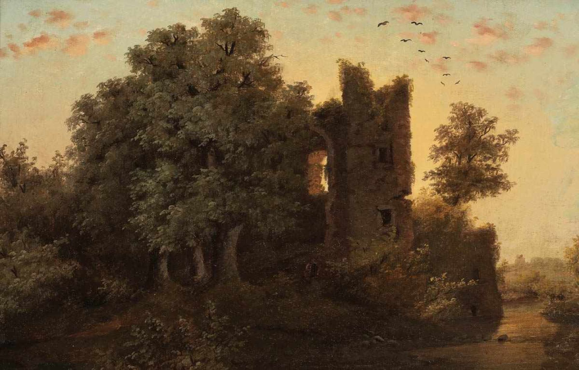 Künstler des 19. Jahrhunderts - Ruine in romantischer Abendstimmung - Öl/Lwd. Randdoubl. 33,5 x 47