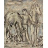 Sei Koyanagui 1896 Sapporo - 1948 - Mann mit Pferden - Öl/Lwd. 101 x 81 cm. Sign. r. u.: S.