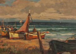 Otto Lang-Wollin 1881 Kassel - 1958 San Remo - Segelboote und Fischer am Strand - Tempera/Hartfaser.