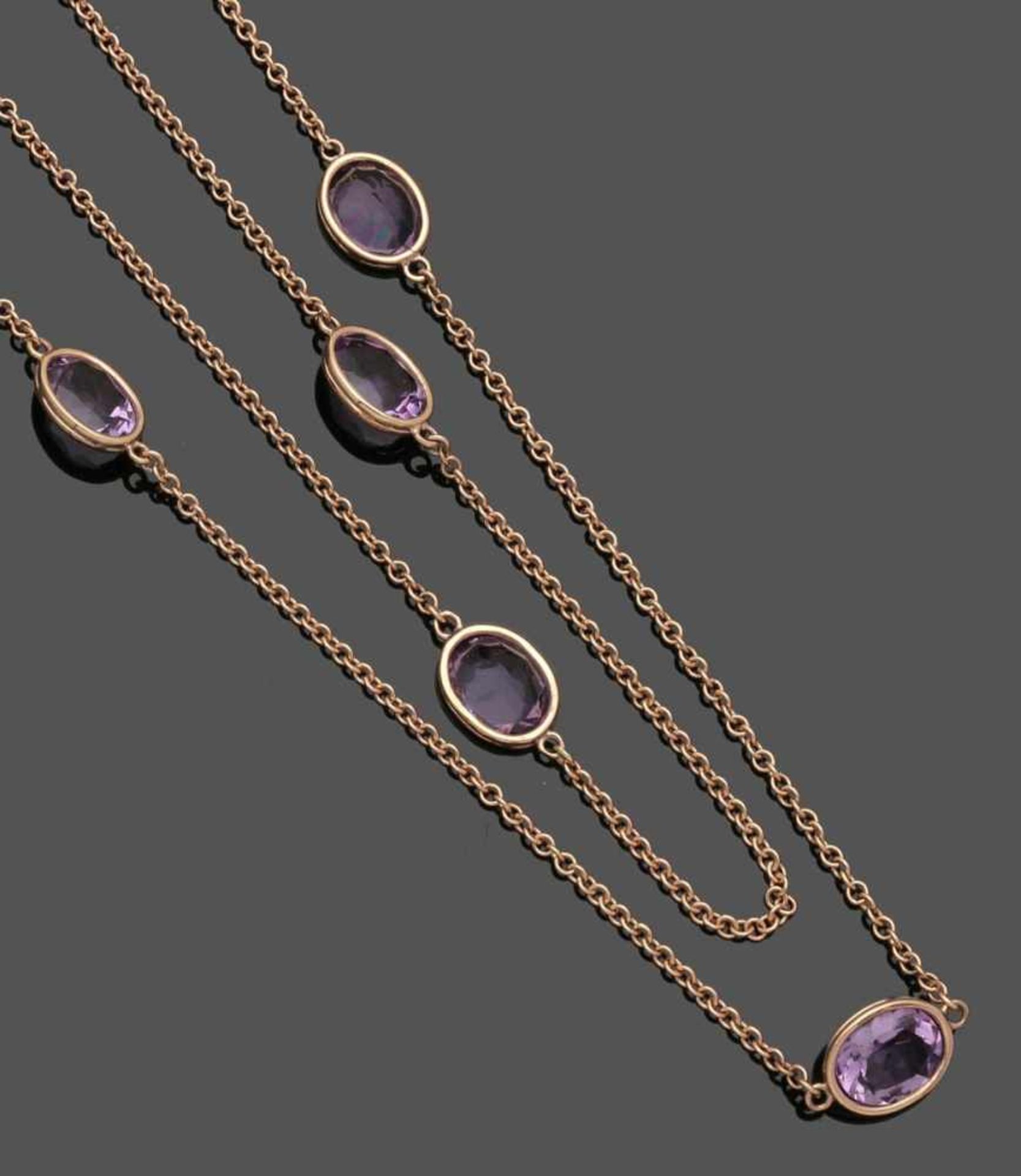Langes Amethystcollier An amethyste necklace 375er Roségold, gestemp. 11 Amethyste im ovalen Schliff