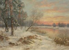 Max Schröder-Greifswald 1858 Greifswald - 1948 Berlin - Winterlandschaft - Öl/Karton. 52 x 72 cm.