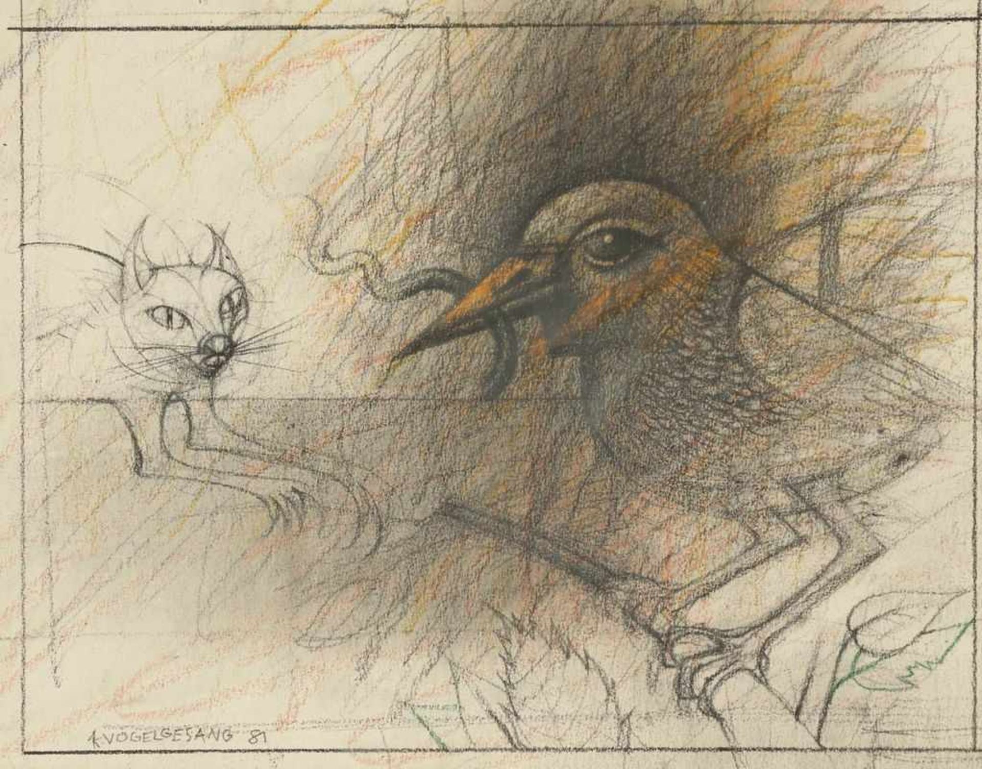 Klaus Vogelgesang 1945 Radebeul - "Vogel und Katze" - Kohle und Farbstifte/Papier. 16,5 x 21,5 cm.