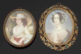 2 Miniaturen Gouache/Elfenbein. Beide 8,5 x 6,5 cm. Unter Glas gerahmt. Maria Anna von Savoyen (