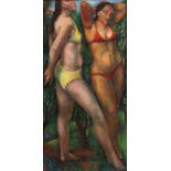 Ernst Wolfhagen 1907 Hannover - 1992 Hannover - Zwei Frauen im Bikini - Öl/Lwd. 99 x 49,5 cm Monogr.