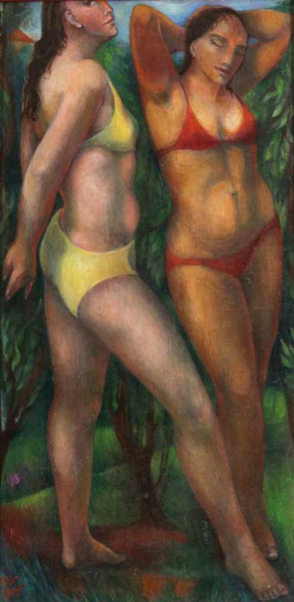 Ernst Wolfhagen 1907 Hannover - 1992 Hannover - Zwei Frauen im Bikini - Öl/Lwd. 99 x 49,5 cm Monogr.