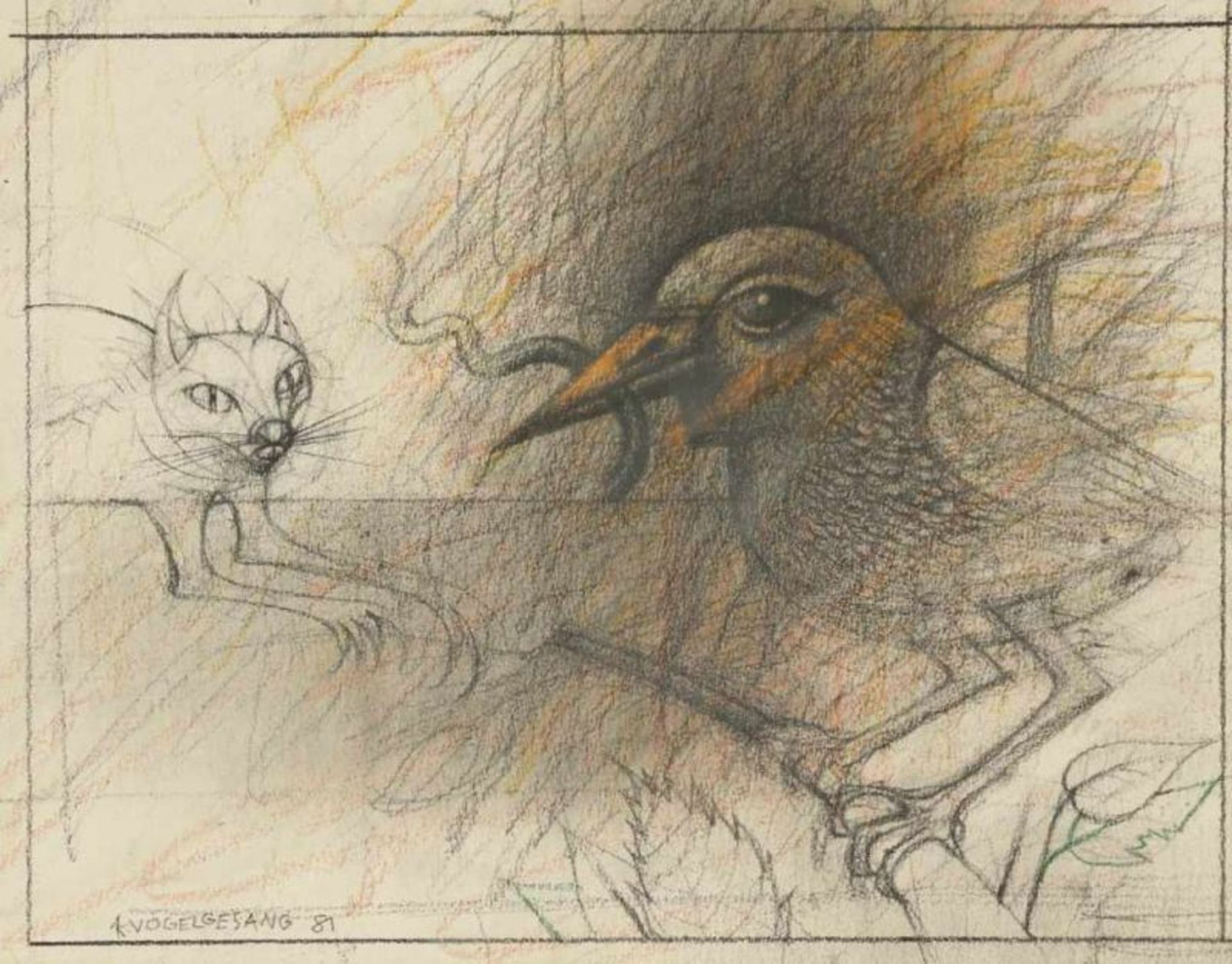 Klaus Vogelgesang 1945 Radebeul - "Vogel und Katze" - Kohle und Farbstifte/Papier. 16,5 x 21,5 cm. - Image 2 of 2
