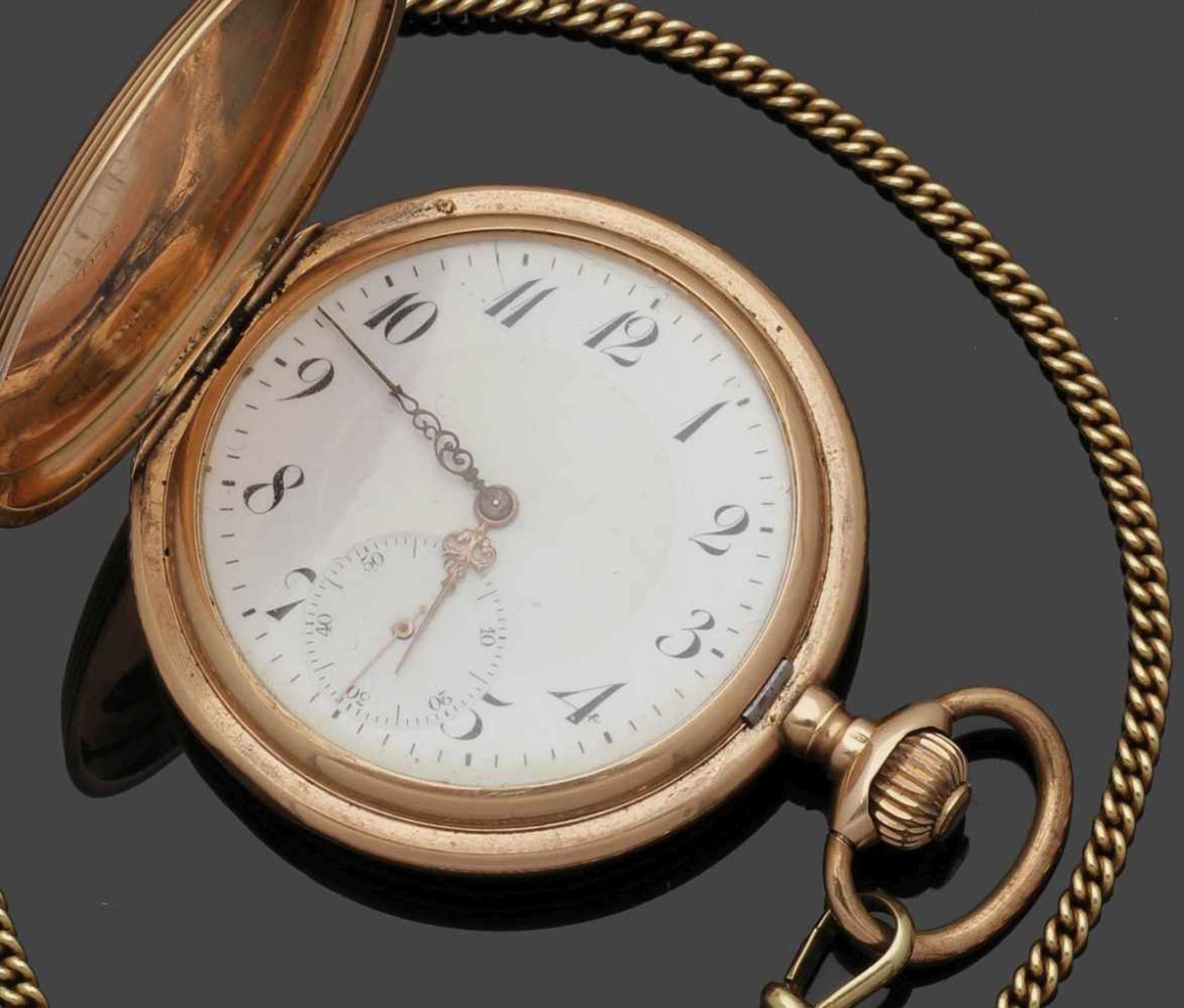 Savonette mit Uhrenkette Fa. Philippe Dubois & Fils, Schweiz. Savonette: 585er Roségold, gestemp.