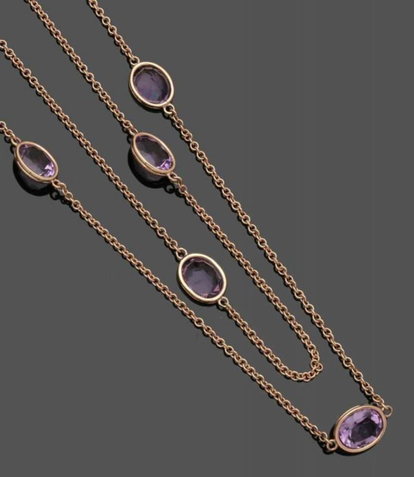 Langes Amethystcollier An amethyste necklace 375er Roségold, gestemp. 11 Amethyste im ovalen Schliff - Bild 2 aus 4