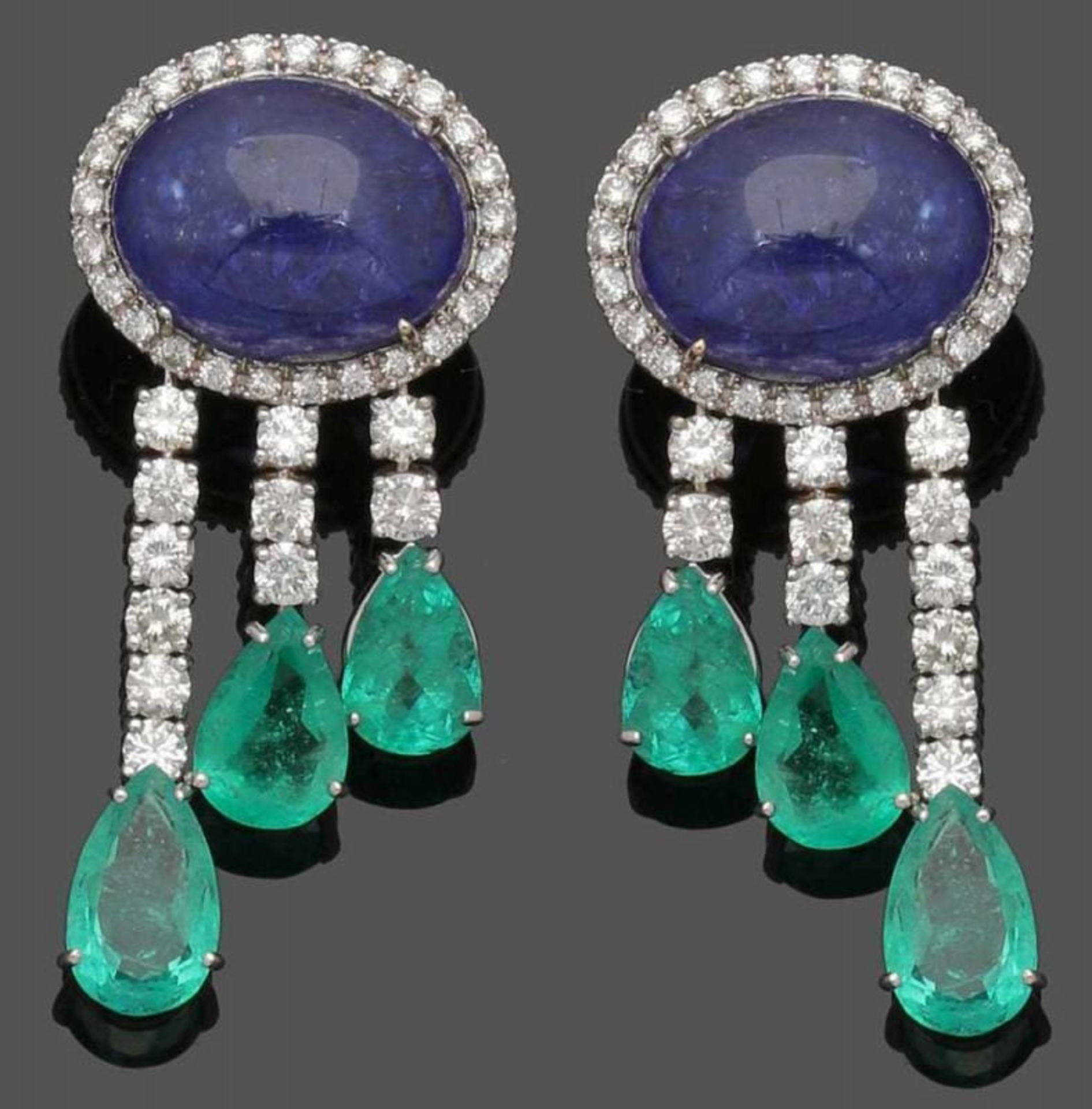 Paar elegante Ohrhänger mit Tansanit und Smaragd An elegant pair of earrings with tanzanite and - Bild 2 aus 2