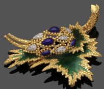 Dekorative Goldbrosche mit Diamanten und Email A golden brooch with diamonds and enamel Italien,