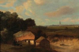 Künstler des 19. Jahrhunderts - Landschaft mit Bauernhäusern und Stadtsilhouette - Öl/Lwd. auf Holz.