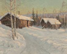 Einar Krüger 1910 Halmstad - 1988 - Verschneite Winterlandschaft mit Holzhäusern - Öl/Lwd. 80 x