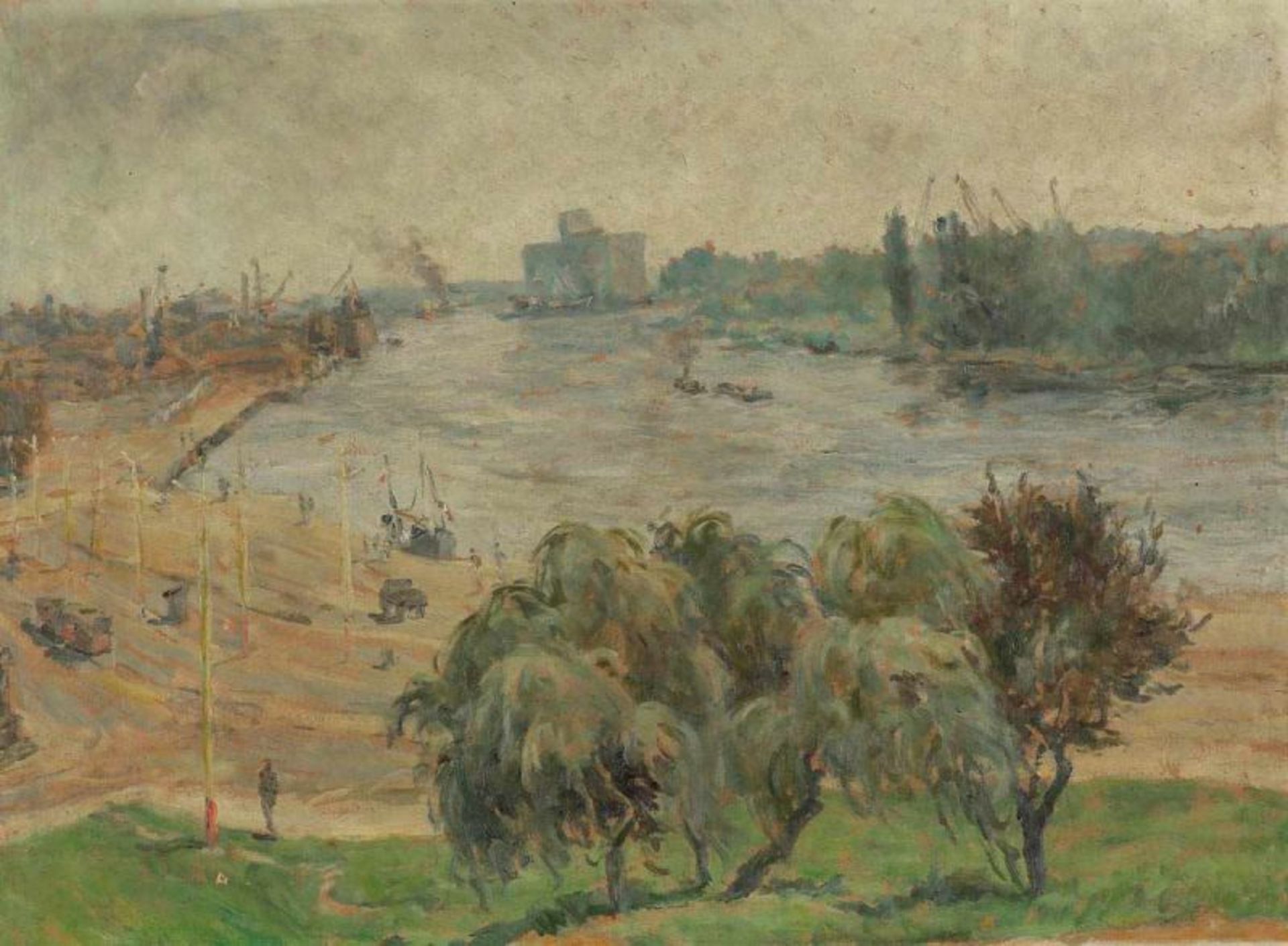 Jan Chwierut 1901 Sporysz - 1973 Krakau - Der Hafen von Stettin - Öl/Karton. 52,5 x 71 cm. Sign. - Bild 2 aus 2