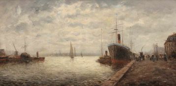 D. Morett Künstler um 1900 - Hafenpartie - Öl/Lwd. 32 x 63,5 cm. Sign. r. u.: D. Morett.