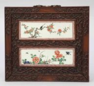 2 Bildplatten China, Kangxi 1654 - 1722. Porzellan. Poylchrom bemalt. 7,5 x 21 cm. Rahmen. -