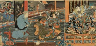 Japanischer Holzschneider des 19. Jahrhunderts - Triptychon - 3 Farbholzschnitte. Auf