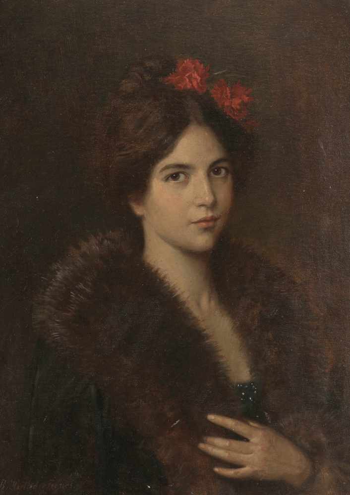 Rudolf Hirth du Frênes 1846 Gräfentonna - 1916 Miltenberg - Junge Frau mit Mantel - Öl/Karton. 60,