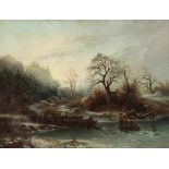 Künstler des 19. Jahrhunderts - Romantische Landschaft mit Eisfischern - Öl/Lwd. 42 x 54 cm. Unsign.