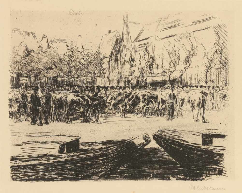 Max Liebermann 1847 Berlin - 1935 Berlin - "Rindermarkt in Leiden" - Radierung/Papier. 23 x 29,5 cm,