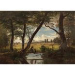 George Heinrich Busse 1810 Bennemühlen - 1868 Hannover - Landschaft mit Fluss und Bauern - Öl/Lwd.