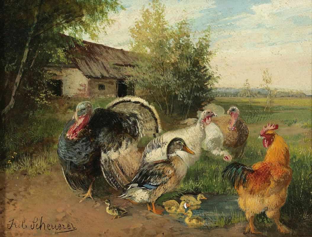 Julius Scheuerer 1859 München - 1913 Planegg - Landschaft mit Hühnern und Enten - Öl/Karton. 15,5