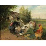 Julius Scheuerer 1859 München - 1913 Planegg - Landschaft mit Hühnern und Enten - Öl/Karton. 15,5