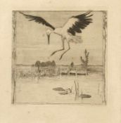 Heinrich Vogeler 1872 Bremen - 1942 Kasachstan - Anfliegender Storch - Radierung/Papier. 16 x 15,5