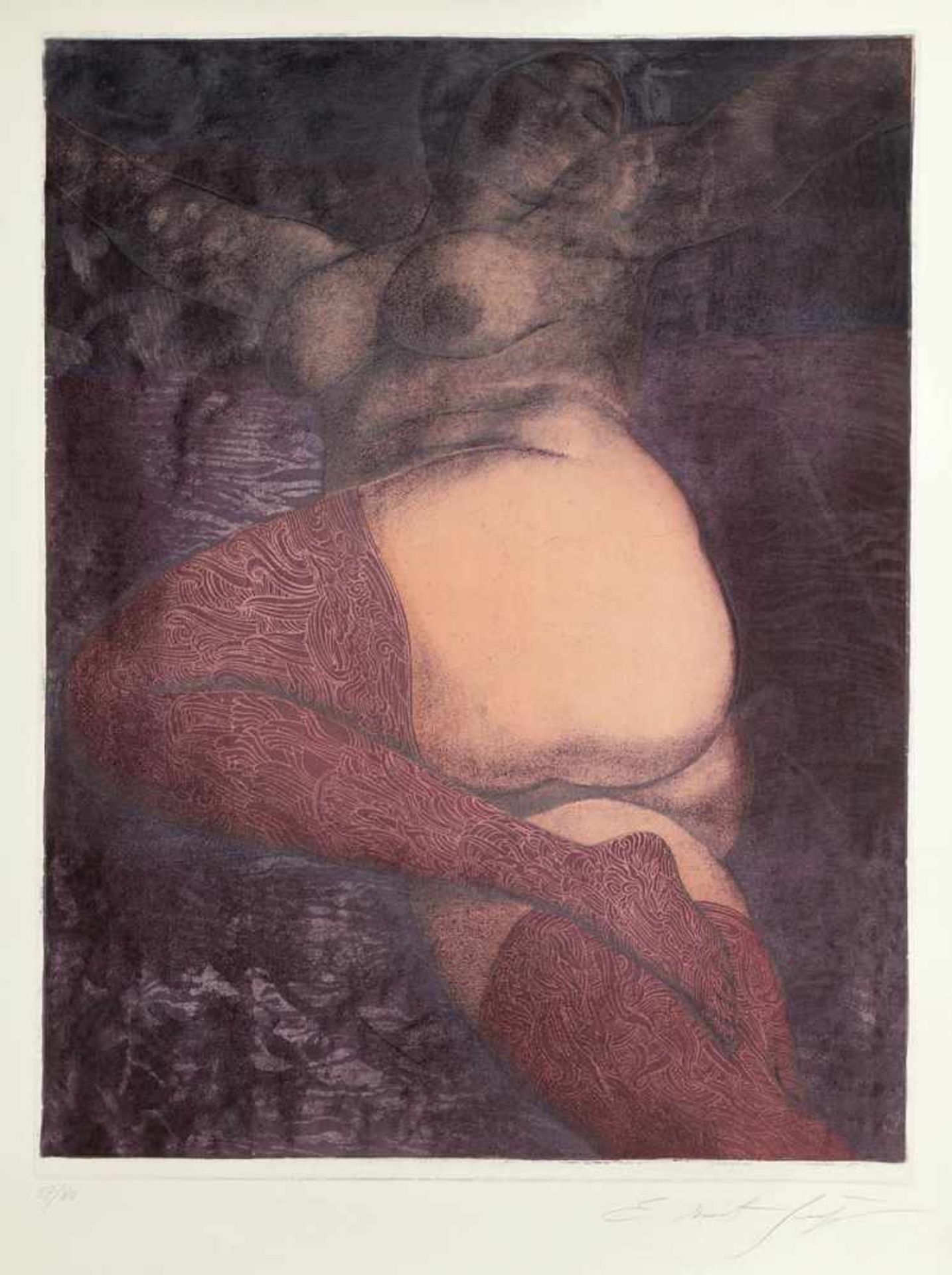 Ernst Fuchs 1930 Wien - 2015 Wien - "Im Bett (Die große Nana)" - Farbradierung/Papier. 57/80. 66 x