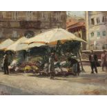 Künstler des 19. Jahrhunderts - Blumenmarkt - Öl/Lwd. Doubliert/Karton. Beschn. 35 x 44. Unleserl.
