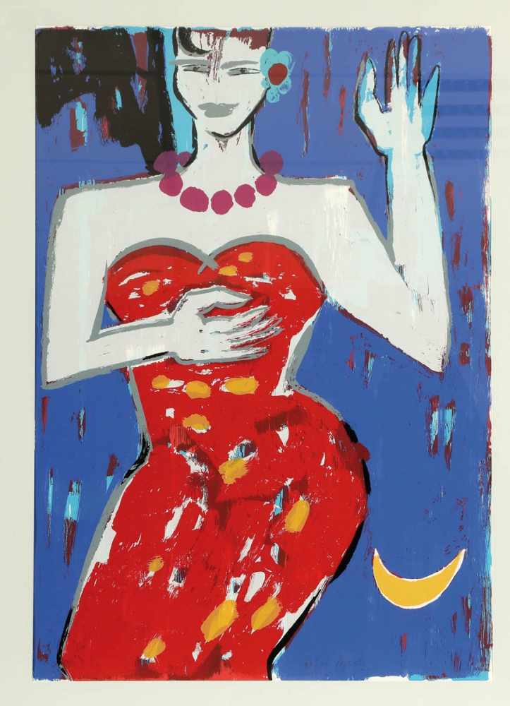 Elvira Bach 1951 Neuenhain/Taunus - lebt in Berlin - Woman in red dress - Farbserigrafie/Papier.