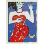 Elvira Bach 1951 Neuenhain/Taunus - lebt in Berlin - Woman in red dress - Farbserigrafie/Papier.