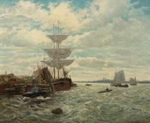 Andreas Dirks 1866 Sylt - 1922 Düsseldorf - Segelschiff im Hafen - Öl/Lwd. 76 x 95 cm. Sign. r.