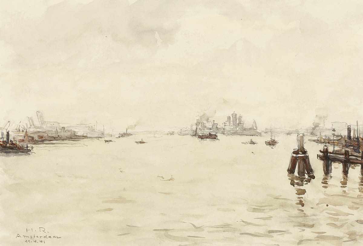 Künstler des 20. Jahrhunderts - Hafen von Amsterdam - Tuschzeichnung/Papier. 23,5 x 35 cm. Monogr.