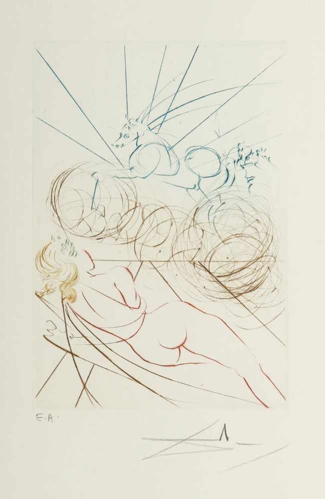 Salvador Dalí 1904 Figueras - 1989 Figueras - L'Adoration" - Farbradierung/Papier. E. A. 21,5 x 15