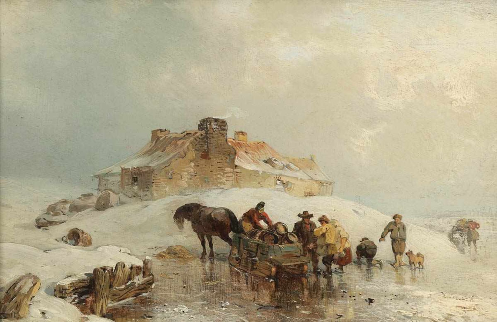 Carl Hilgers 1818 Düsseldorf - 1890 Düsseldorf - Winterlich Flusslandschaft - Öl/Holz. 15 x 24 cm.