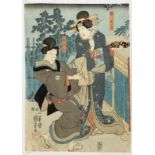 Utagawa Kuniyoshi Edo 1798 - 1861 - Zwei Geishas - Farbholzschnitt. 36 x 25,5 cm. Im Stock bez. l.