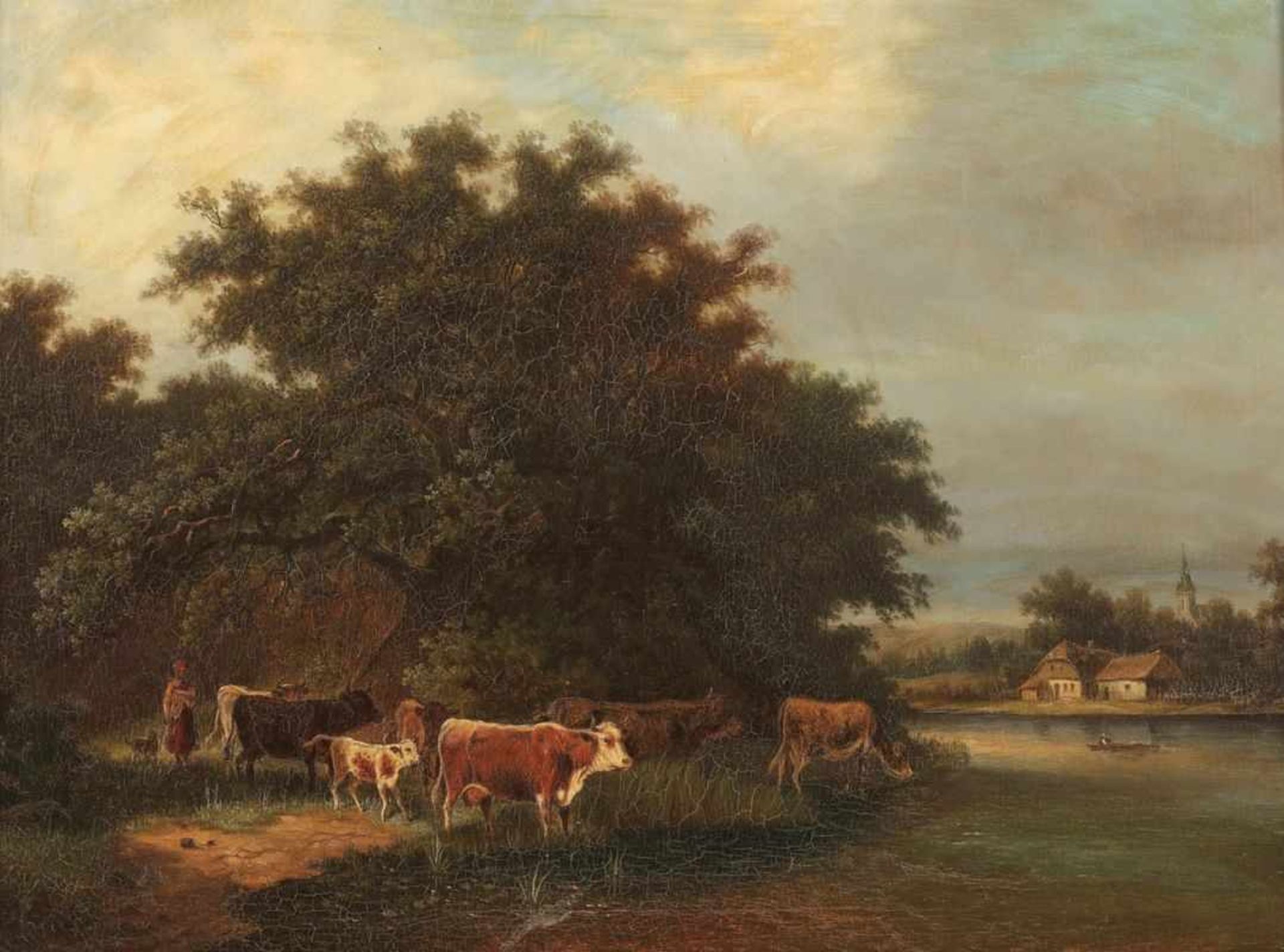 Künstler des 19. Jahrhunderts - Kuhherde am Flusslauf - Öl/Lwd. 91 x 67 cm. Doubliert. Craquele.