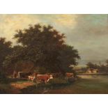 Künstler des 19. Jahrhunderts - Kuhherde am Flusslauf - Öl/Lwd. 91 x 67 cm. Doubliert. Craquele.