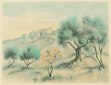Victor Zarou 1930 - Landschaft mit Stadtsilhouette - Farblithografie. E.A. 46 x 59 cm. 50 x 64 cm (