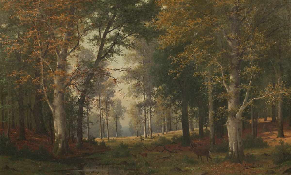 Jacobus Johannes van Poorten 1841 Deventen - 1914 Hamburg - Romantische Landschaft mit Rotwild am