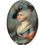 Bildnismaler des 18. Jahrhunderts - Vornehme Dame mit Hut - Pastell. 30,2 x 21 cm (oval).