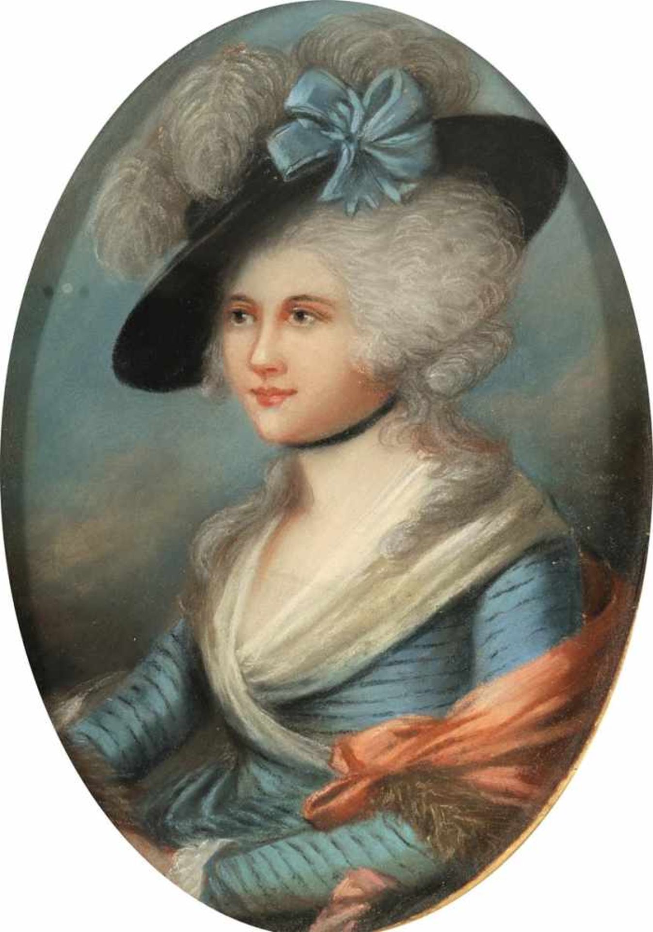 Bildnismaler des 18. Jahrhunderts - Vornehme Dame mit Hut - Pastell. 30,2 x 21 cm (oval).