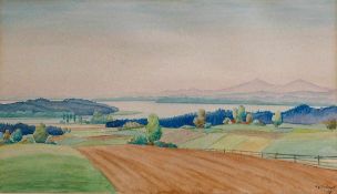 Georg Schrimpf 1889 München - 1938 Berlin - Voralpenlandschaft mit See - Aquarell/Papier. 23,8 x
